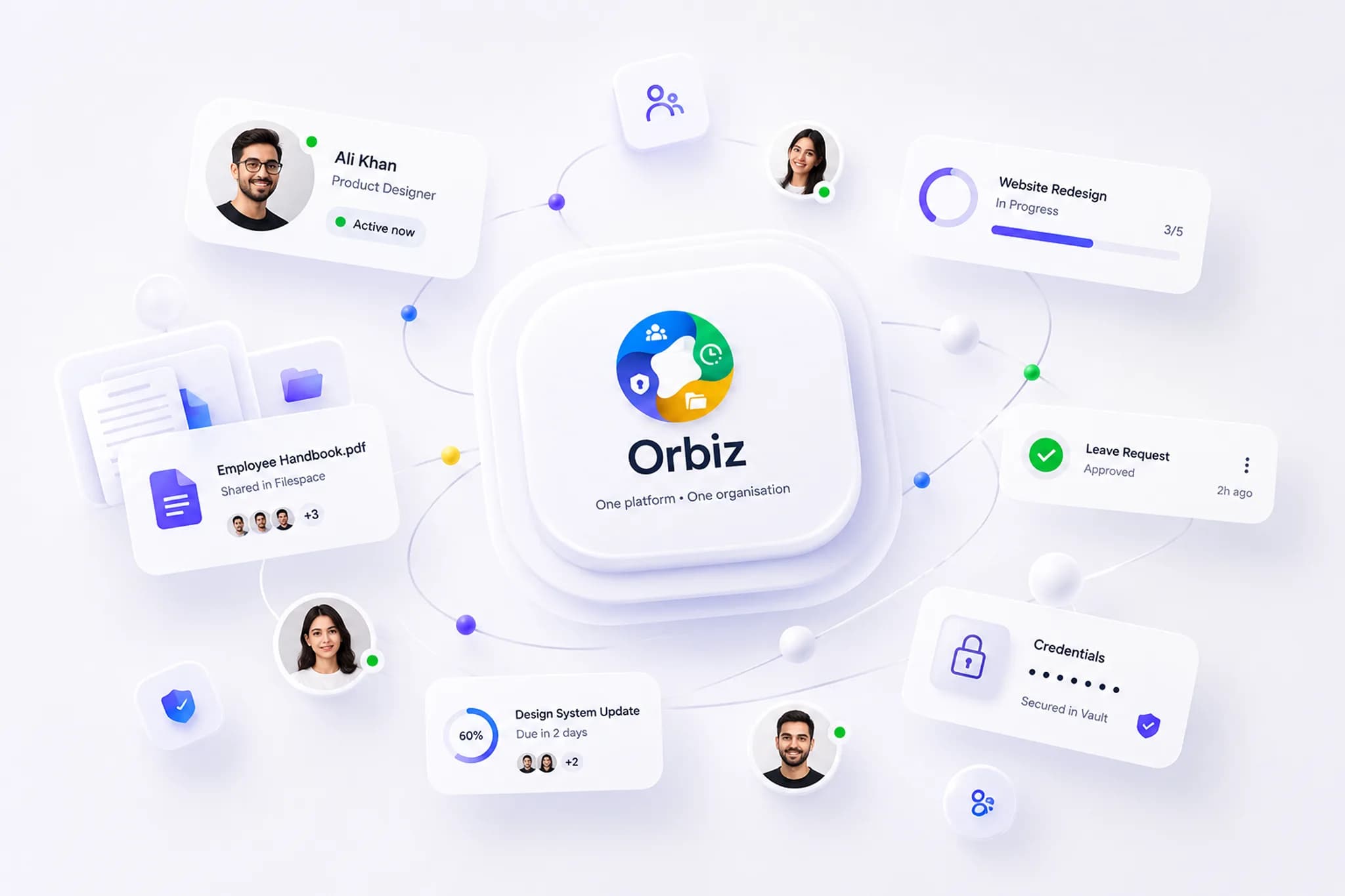 The Orbiz tool launcher in a browser window: one login opening all 10 tools — HRMS, AMS, Filespace, Cadence, Huddl, Vault, Grabr, Trackline, Notely, Ledgr.